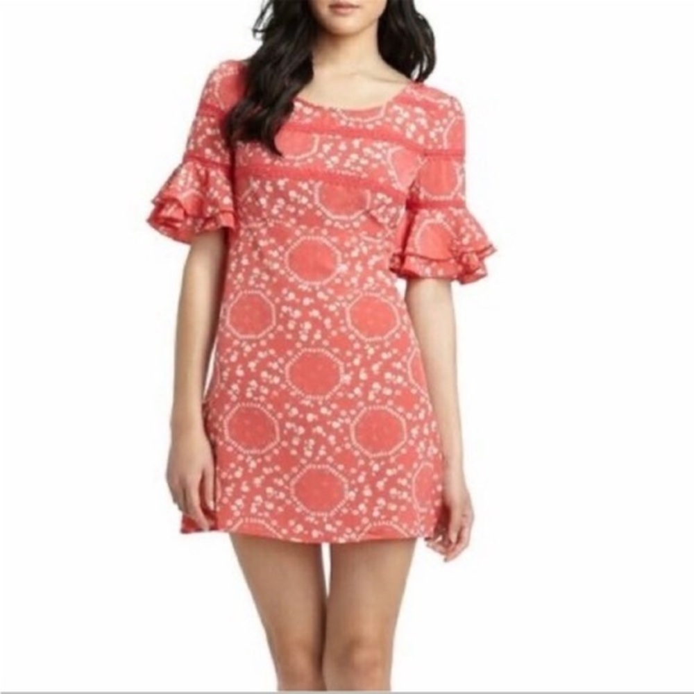 Free People The Geo Garden Dress Salmon Pink and White Ruffled Sleeves size 4